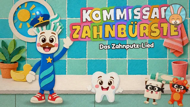 Kommissar Zahnbürste mit einem fröhlichen Zahn und der Zuckerbande